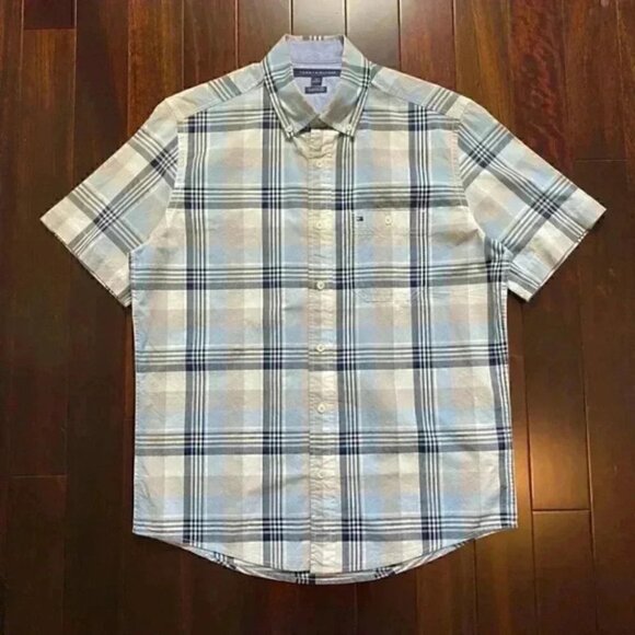 Tommy Hilfiger Mens Shirt Short Sleeve Button Down Cotton Blue Beige Plaid Small - Picture 15 of 15